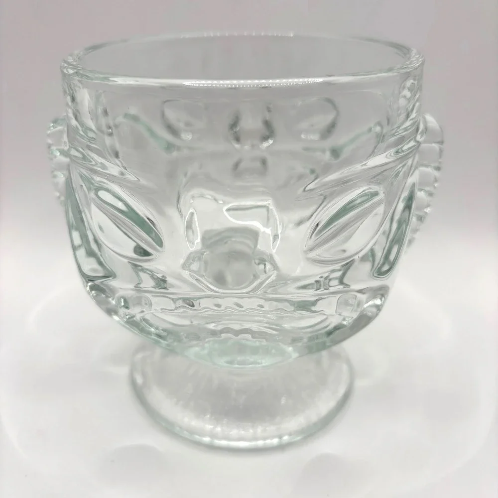 Vintage Clear Glass Tiki Mug Embossed Face Pedestal Cocktail Barware Glass 12oz